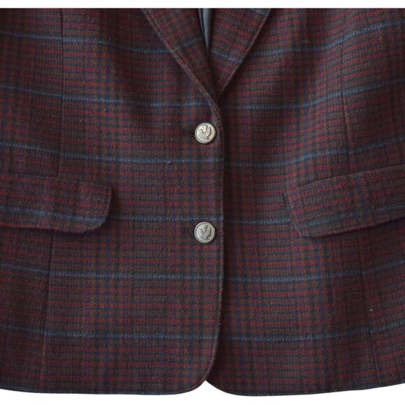 Vintage Burgundy Plaid Wool Blend Blazer with Velvet Collar, Size Medium - Picture 3 of 5